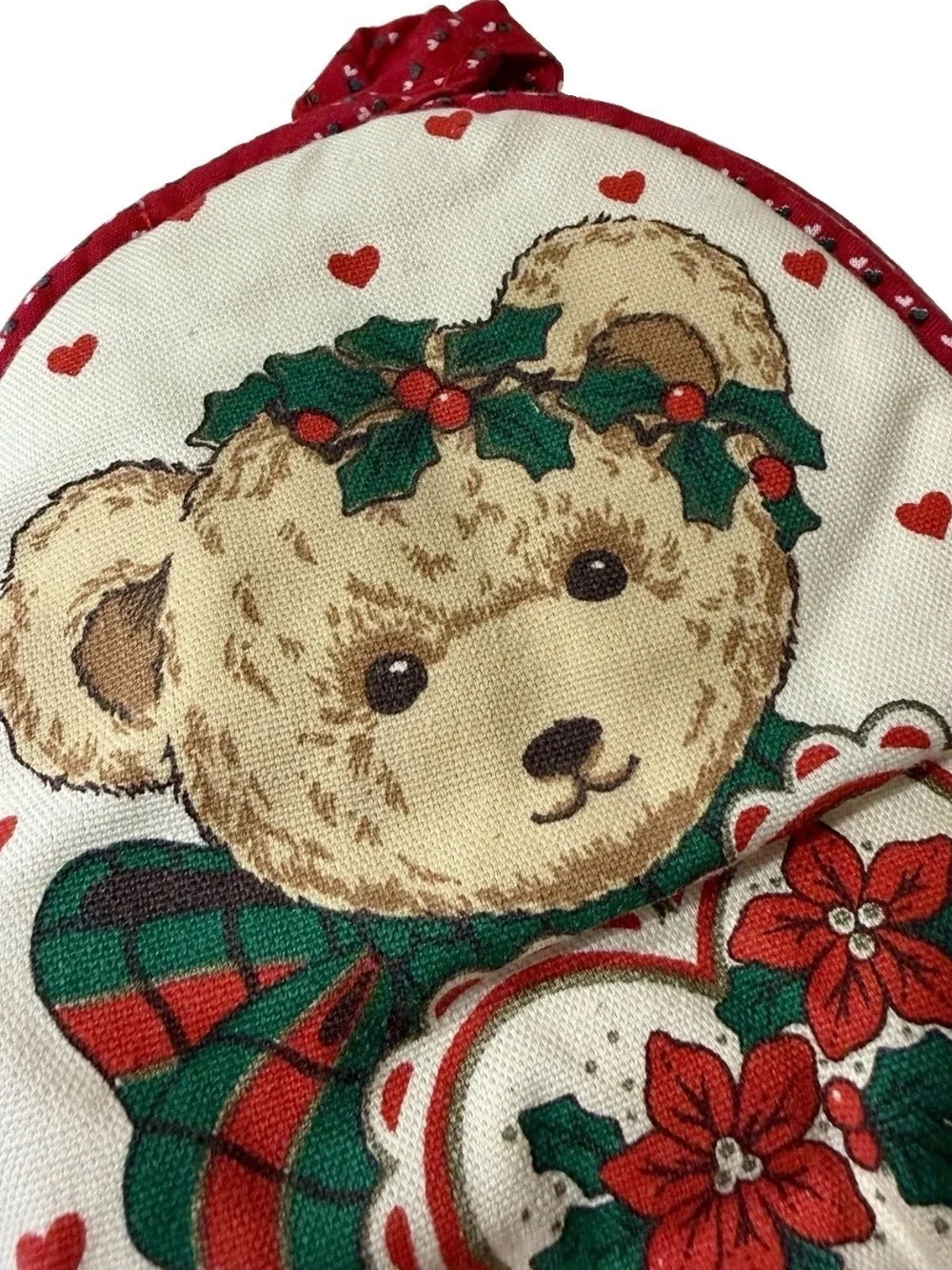 Vintage 80s-90s Holiday Bear Oven Mitt Pair - Red and Cream